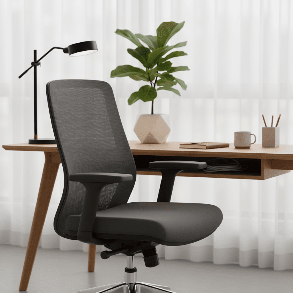 Minimalist office workspace corner with ergonomic chair, desk lamp, plant, and carefully organized professional accessories
